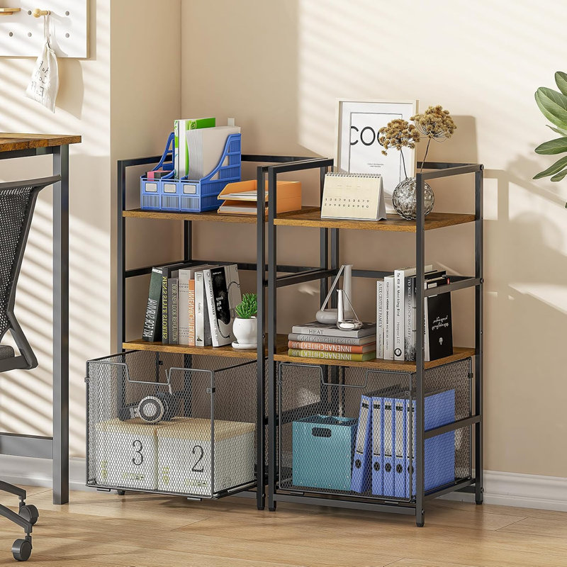 Small Bookshelf With Sliding Drawer 3 Tier Small Shelf For Small Spaces Rustic Brown Short Bookcase Industrial Book Shelf Storage Organizer For